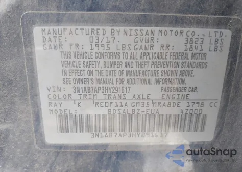 2017 Nissan Sentra S z USA, uszkodzony, nr VIN 3N1AB7AP3HY291617